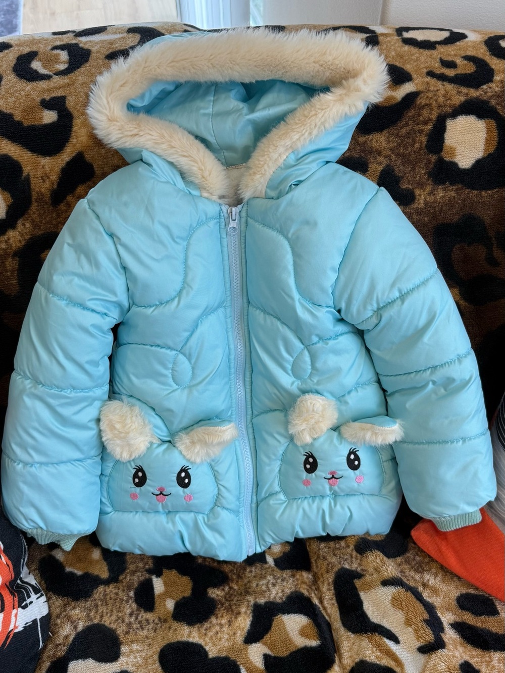 Kids Light Blue Bunny Hooded Puffer Jacket - Cute Plush Ears Sz 4T